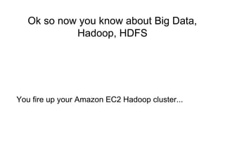 Ok so now you know about Big Data,
Hadoop, HDFS
You fire up your Amazon EC2 Hadoop cluster...
 