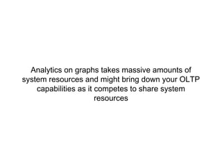 Analytics on graphs takes massive amounts of
system resources and might bring down your OLTP
capabilities as it competes to share system
resources
 