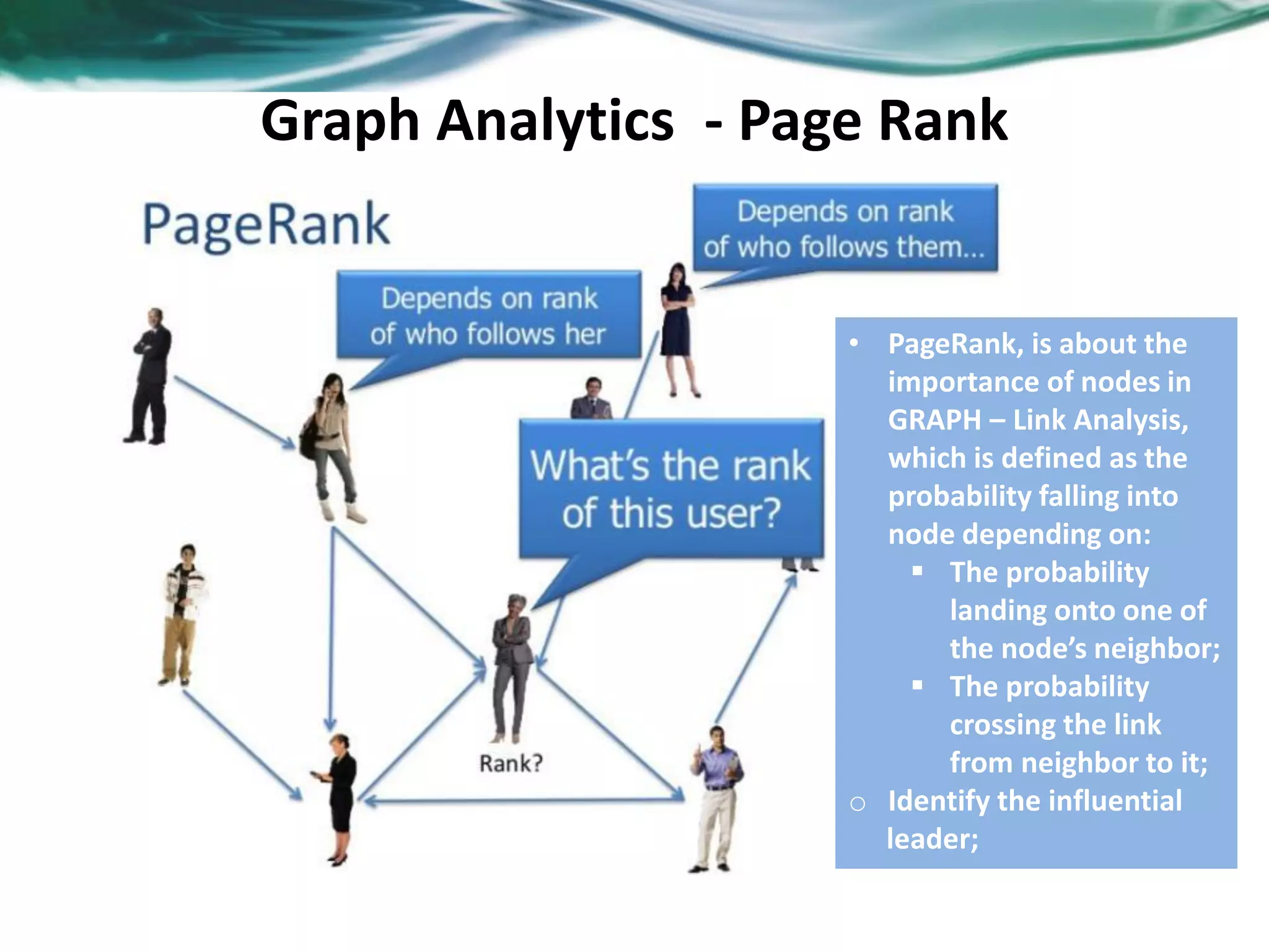 Graph Analytics - Page Rank • PageRank, is about the importance of nodes in GRAPH – Link Analysis, which is defined as the probability falling into node depending on:  The probability landing onto one of the node’s neighbor;  The probability crossing the link from neighbor to it; o Identify the influential leader; 