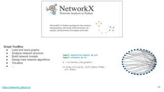 40 https://networkx.github.io/ Graph ToolBox ● Load and store graphs ● Analyze network structure ● Build network models ● Design new network algorithms ● Visualize ● ... 