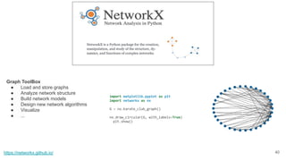 Optional) Lab: NetworkX
https://colab.research.google.com/github/joerg84/Graph_Powered_ML_Workshop/blob/master/NetworkX.ip...