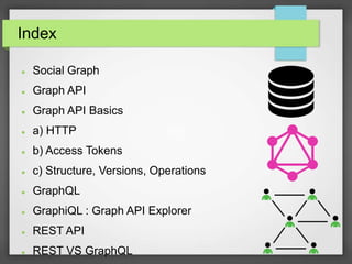 Index
 Social Graph
 Graph API
 Graph API Basics
 a) HTTP
 b) Access Tokens
 c) Structure, Versions, Operations
 GraphQL
 GraphiQL : Graph API Explorer
 REST API
 REST VS GraphQL
 