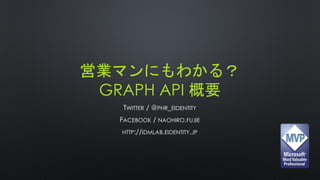 営業マンにもわかる？
GRAPH API 概要
TWITTER / @PHR_EIDENTITY
FACEBOOK / NAOHIRO.FUJIE
HTTP://IDMLAB.EIDENTITY.JP
 