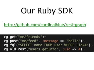 Our Ruby SDK
http://github.com/cardinalblue/rest-graph
 