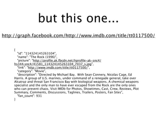 but this one...
http://graph.facebook.com/http://www.imdb.com/title/tt0117500/


     {
       "id": "114324145263104",
       "name": "The Rock (1996)",
       "picture": "http://proﬁle.ak.fbcdn.net/hproﬁle-ak-snc4/
     hs344.snc4/41581_114324145263104_7037_s.jpg",
       "link": "http://www.imdb.com/title/tt0117500/",
       "category": "Movie",
       "description": "Directed by Michael Bay. With Sean Connery, Nicolas Cage, Ed
     Harris. A group of U.S. marines, under command of a renegade general, take over
     Alcatraz and threat San Francisco Bay with biological weapons. A chemical weapons
     specialist and the only man to have ever escaped from the Rock are the only ones
     who can prevent chaos. Visit IMDb for Photos, Showtimes, Cast, Crew, Reviews, Plot
     Summary, Comments, Discussions, Taglines, Trailers, Posters, Fan Sites",
       "fan_count": 931
     }
 