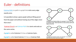 Euler - definitions
Eulerian Path is a path in a graph that visits every edge
exactly once.
Is it possible to draw a given graph without lifting pencil
from the paper and without tracing any of the edges more
than once”.
Eulerian Circuit is an Eulerian Path that starts and ends on
the same vertex.
A graph is called Eulerian if it has an Eulerian Cycle .
A graph is called Semi-Eulerian if it has an Eulerian Path.
 