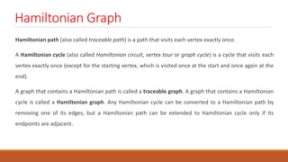 Hamiltonian Graph
Hamiltonian path (also called traceable path) is a path that visits each vertex exactly once.
A Hamiltonian cycle (also called Hamiltonian circuit, vertex tour or graph cycle) is a cycle that visits each
vertex exactly once (except for the starting vertex, which is visited once at the start and once again at the
end).
A graph that contains a Hamiltonian path is called a traceable graph. A graph that contains a Hamiltonian
cycle is called a Hamiltonian graph. Any Hamiltonian cycle can be converted to a Hamiltonian path by
removing one of its edges, but a Hamiltonian path can be extended to Hamiltonian cycle only if its
endpoints are adjacent.
 
