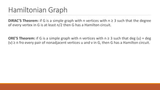 Hamiltonian Graph
DIRAC’S Theorem: if G is a simple graph with n vertices with n ≥ 3 such that the degree
of every vertex in G is at least n/2 then G has a Hamilton circuit.
ORE’S Theorem: if G is a simple graph with n vertices with n ≥ 3 such that deg (u) + deg
(v) ≥ n fro every pair of nonadjacent vertices u and v in G, then G has a Hamilton circuit.
 
