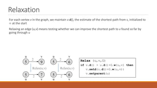 Relaxation
For each vertex v in the graph, we maintain v.d(), the estimate of the shortest path from s, initialized to
at the start
Relaxing an edge (u,v) means testing whether we can improve the shortest path to v found so far by
going through u
5
u v
v
u
2
2
9
5 7
Relax(u,v)
5
u v
v
u
2
2
6
5 6
Relax(u,v)
Relax (u,v,G)
if v.d() > u.d()+G.w(u,v) then
v.setd(u.d()+G.w(u,v))
v.setparent(u)
 
