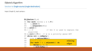 Dijkstra’s ALgorithm
Solution to Single-source(single-destination).
Input: Graph G, start vertex s
relaxing
edges
Dijkstra(G,s)
01 for each vertex u  G.V()
02 u.setd()
03 u.setparent(NIL)
04 s.setd(0)
05 S   // Set S is used to explain the
algorithm
06 Q.init(G.V()) // Q is a priority queue ADT
07 while not Q.isEmpty()
08 u  Q.extractMin()
09 S  S  {u}
10 for each v  u.adjacent() do
11 Relax(u, v, G)
12 Q.modifyKey(v)
 