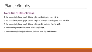 Planar Graphs
Properties of Planar Graphs:
1. If a connected planar graph G has e edges and r regions, then r ≤ e.
2. If a connected planar graph G has e edges, v vertices, and r regions, then v-e+r=2.
3. If a connected planar graph G has e edges and v vertices, then 3v-e≥6.
4. A complete graph Kn is a planar if and only if n<5.
5. A complete bipartite graph Kmn is planar if and only if m<3 or n>3.
 
