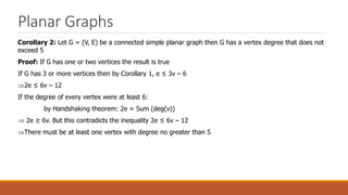 Planar Graphs
Corollary 2: Let G = (V, E) be a connected simple planar graph then G has a vertex degree that does not
exceed 5
Proof: If G has one or two vertices the result is true
If G has 3 or more vertices then by Corollary 1, e ≤ 3v – 6
2e ≤ 6v – 12
If the degree of every vertex were at least 6:
by Handshaking theorem: 2e = Sum (deg(v))
 2e ≥ 6v. But this contradicts the inequality 2e ≤ 6v – 12
There must be at least one vertex with degree no greater than 5
 