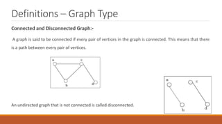 Definitions – Graph Type
Connected and Disconnected Graph:-
A graph is said to be connected if every pair of vertices in the graph is connected. This means that there
is a path between every pair of vertices.
An undirected graph that is not connected is called disconnected.
 