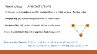Terminology – Directed graphs
For the edge (u, v), u is adjacent to v OR v is adjacent from u, u – Initial vertex, v – Terminal vertex
In-degree (deg- (u)): number of edges for which u is terminal vertex
Out-degree (deg+ (u)): number of edges for which u is initial vertex
Note: A loop contributes 1 to both in-degree and out-degree (why?)
Representation Example: For V = {u, v, w} , E = { (u, w), ( v, w), (u, v) }, deg- (u) = 0,
deg+ (u) = 2, deg- (v) = 1, deg+ (v) = 1, and deg- (w) = 2, deg+ (u) = 0
u
w
v
 