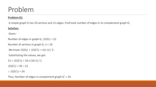 Problem
Problem-01:
A simple graph G has 10 vertices and 21 edges. Find total number of edges in its complement graph G’.
Solution-
Given-
Number of edges in graph G, |E(G)| = 21
Number of vertices in graph G, n = 10
We know |E(G)| + |E(G’)| = n(n-1) / 2.
Substituting the values, we get-
21 + |E(G’)| = 10 x (10-1) / 2
|E(G’)| = 45 – 21
∴ |E(G’)| = 24
Thus, Number of edges in complement graph G’ = 24.
 