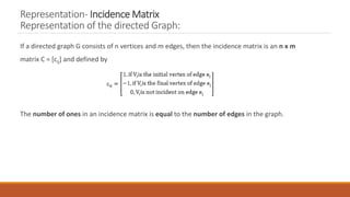 Representation- Incidence Matrix
Representation of the directed Graph:
If a directed graph G consists of n vertices and m edges, then the incidence matrix is an n x m
matrix C = [cij] and defined by
The number of ones in an incidence matrix is equal to the number of edges in the graph.
 