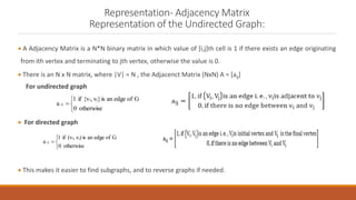 Representation- Adjacency Matrix
Representation of the Undirected Graph:
 A Adjacency Matrix is a N*N binary matrix in which value of [i,j]th cell is 1 if there exists an edge originating
from ith vertex and terminating to jth vertex, otherwise the value is 0.
 There is an N x N matrix, where |V| = N , the Adjacenct Matrix (NxN) A = [aij]
For undirected graph
 For directed graph
 This makes it easier to find subgraphs, and to reverse graphs if needed.




otherwise
0
G
of
edge
an
is
)
v
,
(v
if
1
a
j
i
ij




otherwise
0
G
of
edge
an
is
}
v
,
{v
if
1
a
j
i
ij
 