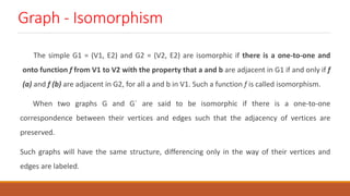 Graph - Isomorphism
The simple G1 = (V1, E2) and G2 = (V2, E2) are isomorphic if there is a one-to-one and
onto function f from V1 to V2 with the property that a and b are adjacent in G1 if and only if f
(a) and f (b) are adjacent in G2, for all a and b in V1. Such a function f is called isomorphism.
When two graphs G and G` are said to be isomorphic if there is a one-to-one
correspondence between their vertices and edges such that the adjacency of vertices are
preserved.
Such graphs will have the same structure, differencing only in the way of their vertices and
edges are labeled.
 