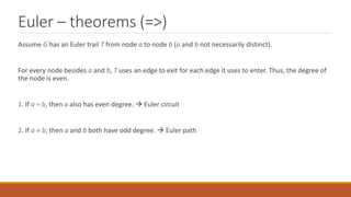 Euler – theorems (=>)
Assume G has an Euler trail T from node a to node b (a and b not necessarily distinct).
For every node besides a and b, T uses an edge to exit for each edge it uses to enter. Thus, the degree of
the node is even.
1. If a = b, then a also has even degree.  Euler circuit
2. If a  b, then a and b both have odd degree.  Euler path
 