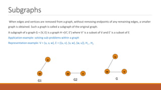 Subgraphs
When edges and vertices are removed from a graph, without removing endpoints of any remaining edges, a smaller
graph is obtained. Such a graph is called a subgraph of the original graph.
A subgraph of a graph G = (V, E) is a graph H =(V’, E’) where V’ is a subset of V and E’ is a subset of E
Application example: solving sub-problems within a graph
Representation example: V = {u, v, w}, E = ({u, v}, {v, w}, {w, u}}, H1 , H2
u
v
w w
v
w
u
G1 G2 G
 