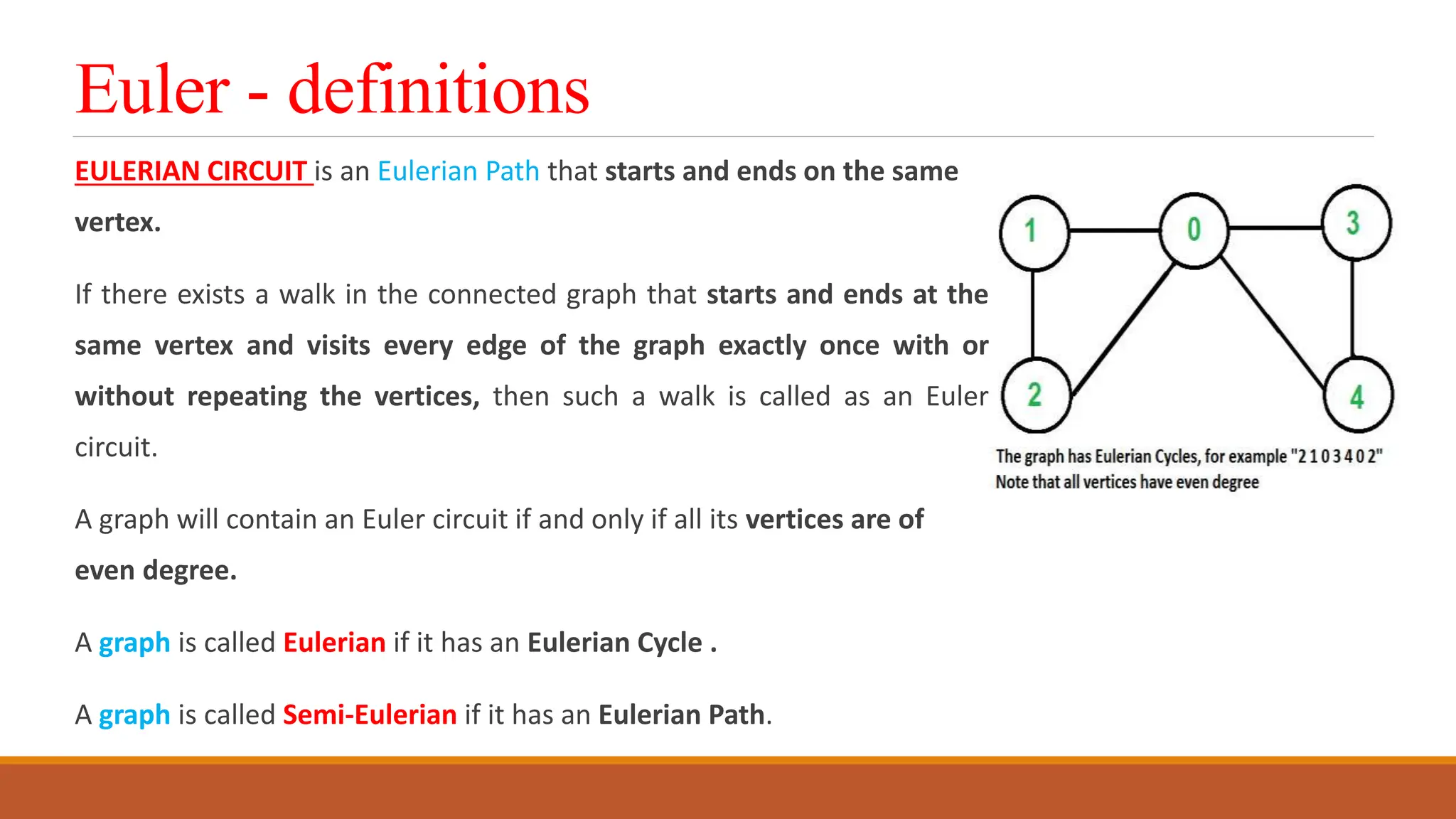 Euler - definitions
EULERIAN CIRCUIT is an Eulerian Path that starts and ends on the same
vertex.
If there exists a walk in the connected graph that starts and ends at the
same vertex and visits every edge of the graph exactly once with or
without repeating the vertices, then such a walk is called as an Euler
circuit.
A graph will contain an Euler circuit if and only if all its vertices are of
even degree.
A graph is called Eulerian if it has an Eulerian Cycle .
A graph is called Semi-Eulerian if it has an Eulerian Path.
 