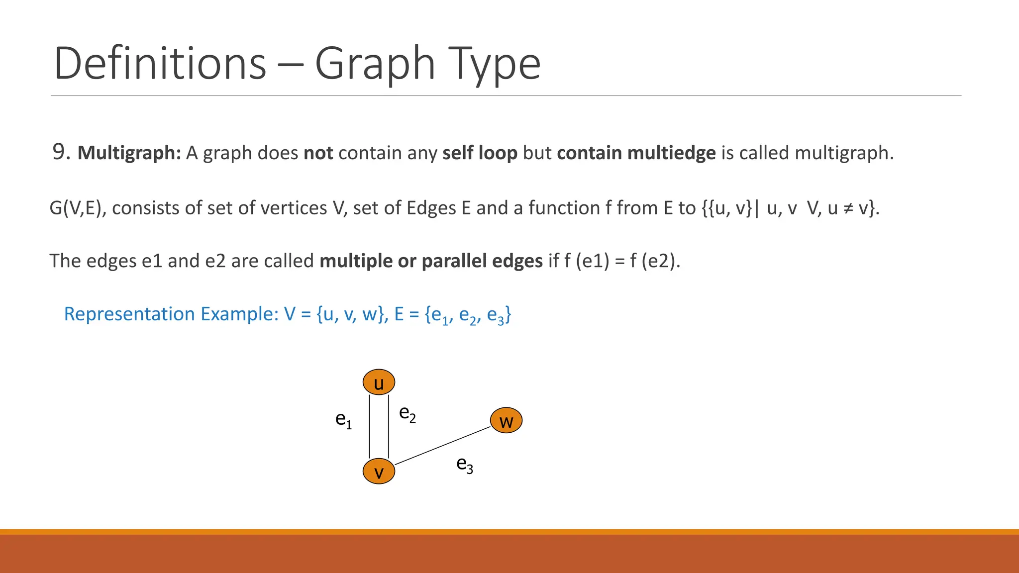 Definitions &ndash; Graph Type
9. Multigraph: A graph does not contain any self loop but contain multiedge is called multigraph.
G(V,E), consists of set of vertices V, set of Edges E and a function f from E to {{u, v}| u, v V, u &ne; v}.
The edges e1 and e2 are called multiple or parallel edges if f (e1) = f (e2).
Representation Example: V = {u, v, w}, E = {e1, e2, e3}
u
v
w
e1
e2
e3
 