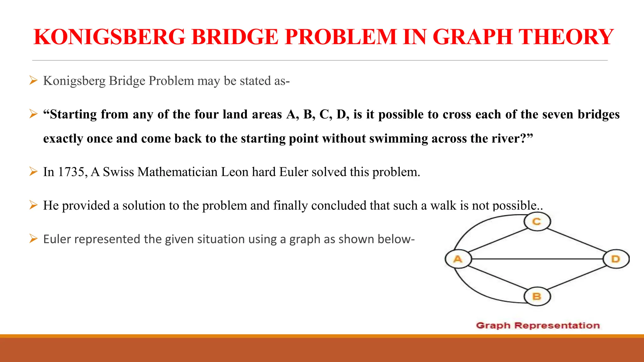 KONIGSBERG BRIDGE PROBLEM IN GRAPH THEORY
 Konigsberg Bridge Problem may be stated as-
 &ldquo;Starting from any of the four land areas A, B, C, D, is it possible to cross each of the seven bridges
exactly once and come back to the starting point without swimming across the river?&rdquo;
 In 1735, A Swiss Mathematician Leon hard Euler solved this problem.
 He provided a solution to the problem and finally concluded that such a walk is not possible..
 Euler represented the given situation using a graph as shown below-
 