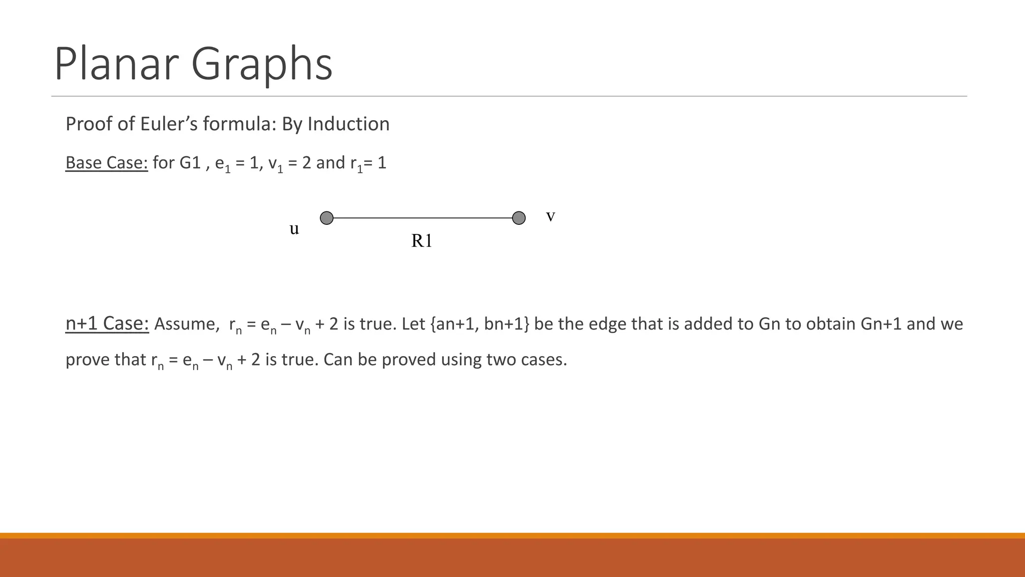 Planar Graphs
Proof of Euler&rsquo;s formula: By Induction
Base Case: for G1 , e1 = 1, v1 = 2 and r1= 1
n+1 Case: Assume, rn = en &ndash; vn + 2 is true. Let {an+1, bn+1} be the edge that is added to Gn to obtain Gn+1 and we
prove that rn = en &ndash; vn + 2 is true. Can be proved using two cases.
R1
v
u
 