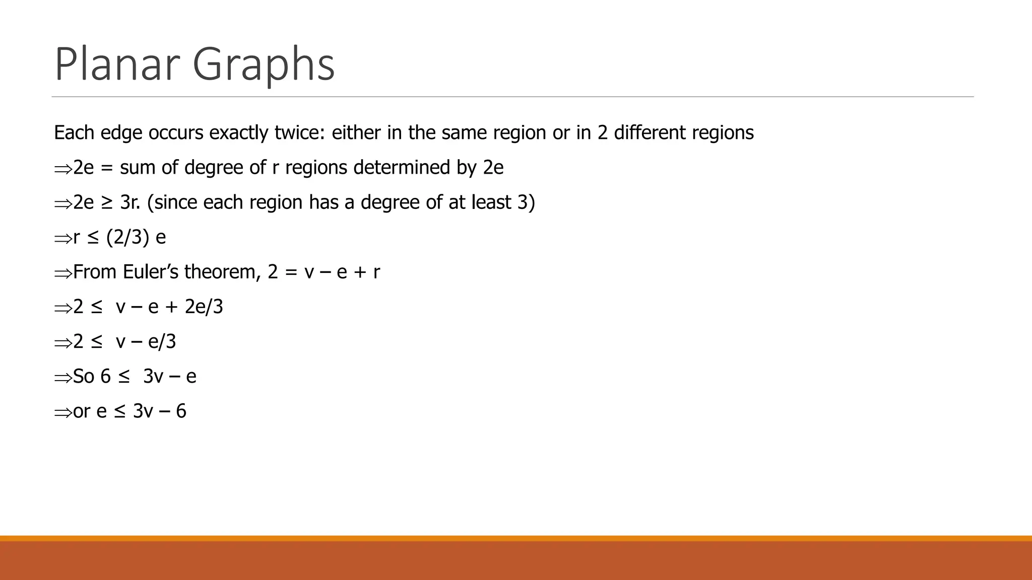 Planar Graphs
Each edge occurs exactly twice: either in the same region or in 2 different regions
2e = sum of degree of r regions determined by 2e
2e &ge; 3r. (since each region has a degree of at least 3)
r &le; (2/3) e
From Euler&rsquo;s theorem, 2 = v &ndash; e + r
2 &le; v &ndash; e + 2e/3
2 &le; v &ndash; e/3
So 6 &le; 3v &ndash; e
or e &le; 3v &ndash; 6
 