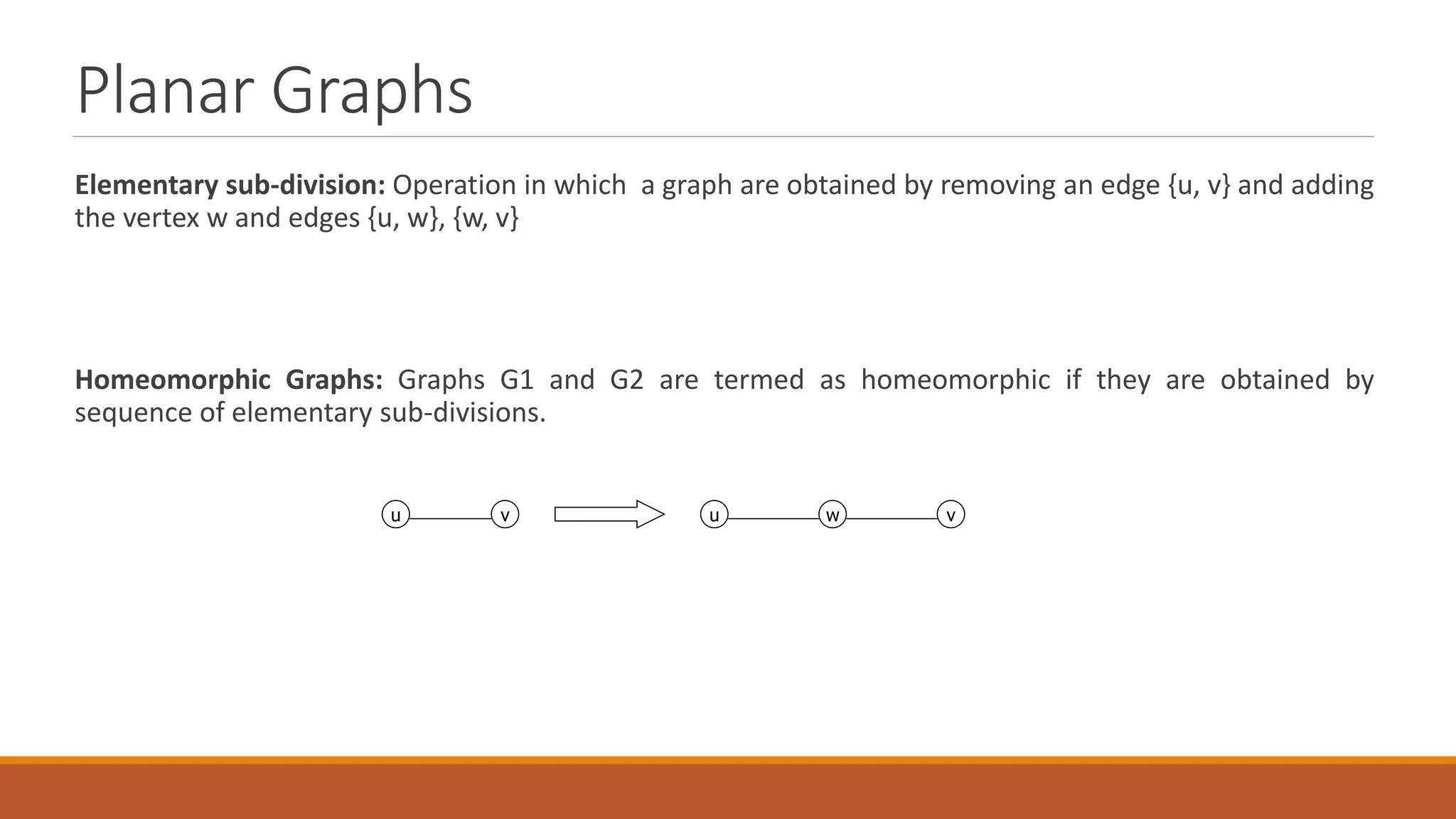 Planar Graphs
Elementary sub-division: Operation in which a graph are obtained by removing an edge {u, v} and adding
the vertex w and edges {u, w}, {w, v}
Homeomorphic Graphs: Graphs G1 and G2 are termed as homeomorphic if they are obtained by
sequence of elementary sub-divisions.
u v u v
w
 
