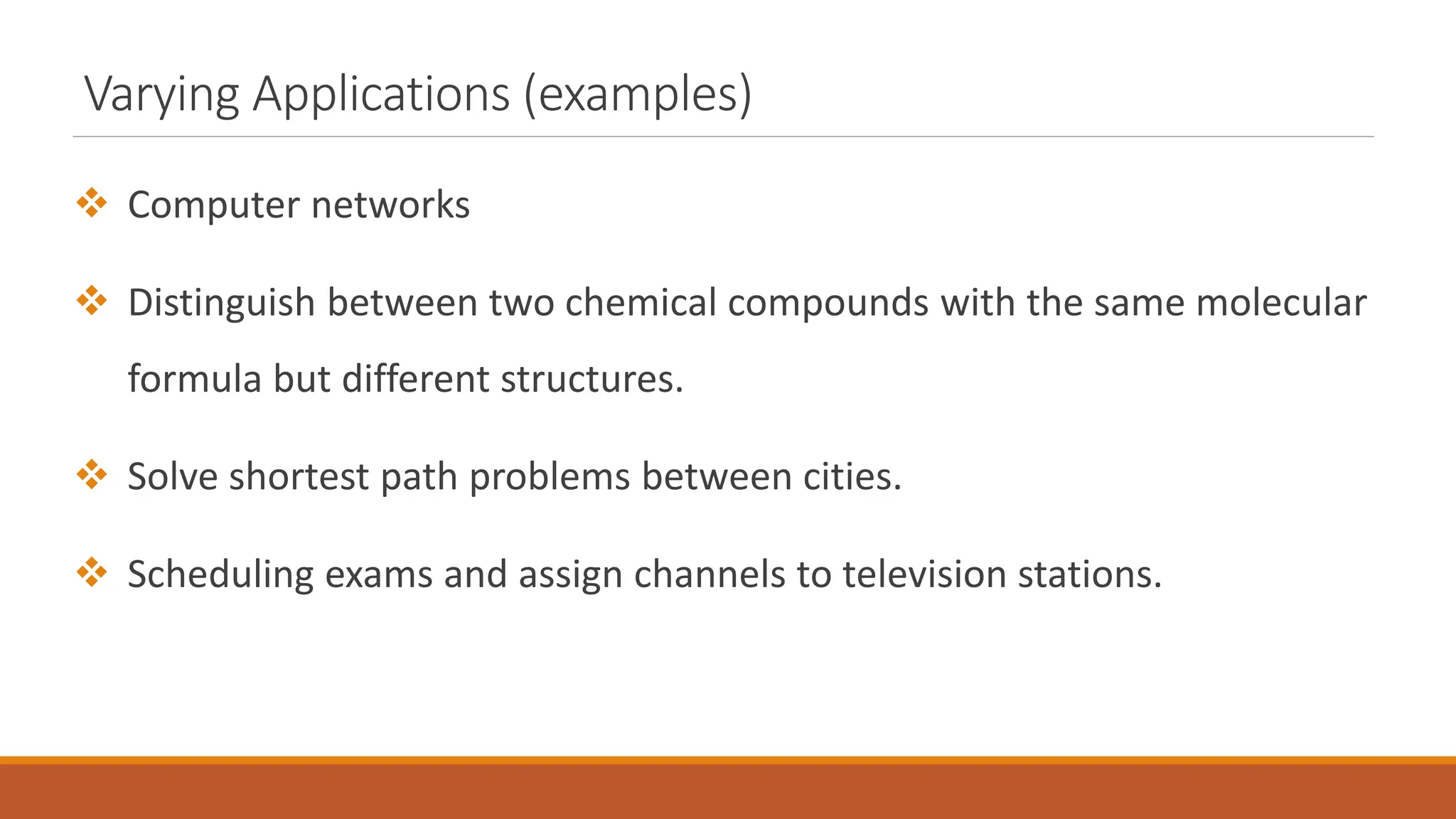 Varying Applications (examples)
 Computer networks
 Distinguish between two chemical compounds with the same molecular
formula but different structures.
 Solve shortest path problems between cities.
 Scheduling exams and assign channels to television stations.
 