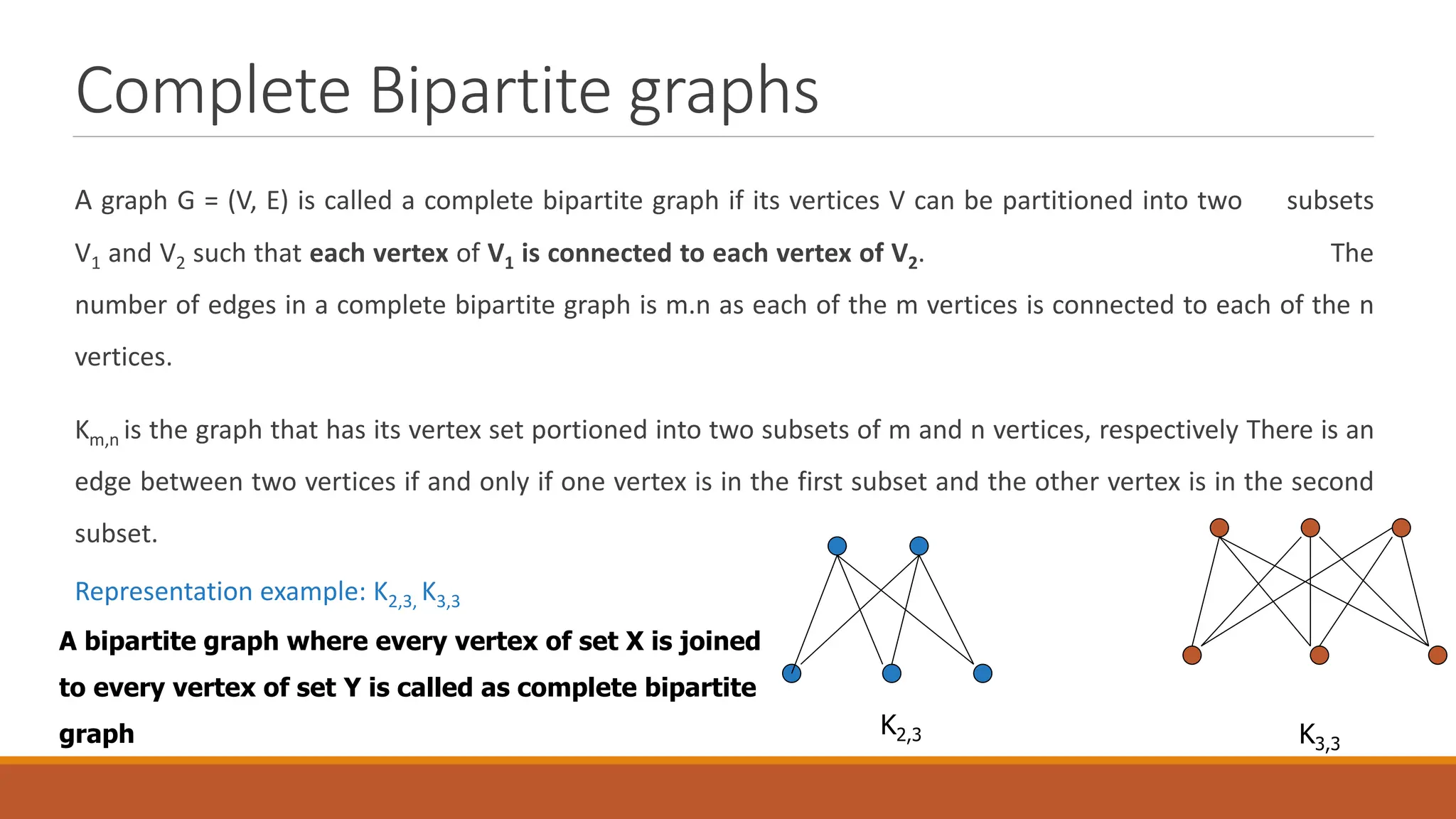 Complete Bipartite graphs
A graph G = (V, E) is called a complete bipartite graph if its vertices V can be partitioned into two subsets
V1 and V2 such that each vertex of V1 is connected to each vertex of V2. The
number of edges in a complete bipartite graph is m.n as each of the m vertices is connected to each of the n
vertices.
Km,n is the graph that has its vertex set portioned into two subsets of m and n vertices, respectively There is an
edge between two vertices if and only if one vertex is in the first subset and the other vertex is in the second
subset.
Representation example: K2,3, K3,3
K2,3 K3,3
A bipartite graph where every vertex of set X is joined
to every vertex of set Y is called as complete bipartite
graph
 