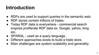 Introduction
● RDFs are used to support queries in the semantic web.
● RDF stores contain trillions of triples.
● Today RDF data is everywhere - commercial search
engines proliferate RDF data ex. Google, yahoo, bing
etc.
● SPARQL - used as a query language.
● Different approaches exists to build a triple store.
● Main challenges are system scalability and generality.
3
 