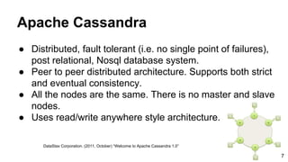 Apache Cassandra
● Distributed, fault tolerant (i.e. no single point of failures),
post relational, Nosql database system.
● Peer to peer distributed architecture. Supports both strict
and eventual consistency.
● All the nodes are the same. There is no master and slave
nodes.
● Uses read/write anywhere style architecture.
DataStax Corporation. (2011, October) “Welcome to Apache Cassandra 1.0”
7
 