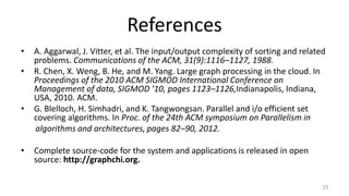 References
• A. Aggarwal, J. Vitter, et al. The input/output complexity of sorting and related
problems. Communications of the ACM, 31(9):1116–1127, 1988.
• R. Chen, X. Weng, B. He, and M. Yang. Large graph processing in the cloud. In
Proceedings of the 2010 ACM SIGMOD International Conference on
Management of data, SIGMOD ’10, pages 1123–1126,Indianapolis, Indiana,
USA, 2010. ACM.
• G. Blelloch, H. Simhadri, and K. Tangwongsan. Parallel and i/o efficient set
covering algorithms. In Proc. of the 24th ACM symposium on Parallelism in
algorithms and architectures, pages 82–90, 2012.
• Complete source-code for the system and applications is released in open
source: http://graphchi.org.
15
 