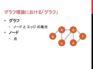グラフ理論における「グラフ」
• グラフ
 • ノード と エッジ の集合
                       b   d
• ノード
                   a           f
 • 点
                       c   e
 