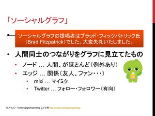「ソーシャルグラフ」
 • Facebook 現 CEO マーク・ザッカーバーグ
    ソーシャルグラフの提唱者はブラッド・フィッツパトリック氏
      （Brad Fitzpatrick）でした。大変失礼いたしました。
   氏が提唱
 • 人間同士のつながりをグラフに見立てたもの
       • ノード … 人間、がほとんど（例外あり）
       • エッジ … 関係（友人、ファン・・・）
                 •      mixi … マイミク
                 •      Twitter … フォロー・フォロワー（有向）


※アイコン：Twitter @gachapinblog より引用 http://twitter.com/gachapinblog
 