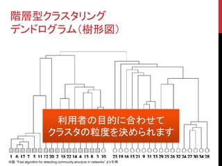 階層型クラスタリング
 デンドログラム（樹形図）




                          利用者の目的に合わせて
                         クラスタの粒度を決められます

※図：”Fast algorithm for detecting community structure in networks” より引用
 