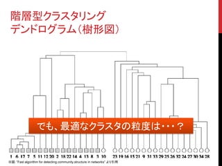 階層型クラスタリング
 デンドログラム（樹形図）




                  でも、最適なクラスタの粒度は・・・？


※図：”Fast algorithm for detecting community structure in networks” より引用
 