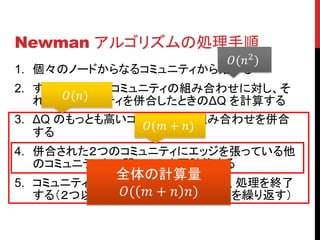 Newman アルゴリズムの処理手順
                      (2 )
1. 個々のノードからなるコミュニティから始める
2. すべての２つのコミュニティの組み合わせに対し、そ
      ()
   れらのコミュニティを併合したときのΔQ を計算する
3. ΔQ のもっとも高いコミュニティの組み合わせを併合
               ( + )
   する
4. 併合された２つのコミュニティにエッジを張っている他
   のコミュニティとの間のΔQ を再計算する
           全体の計算量
5. コミュニティの数が１つになったところで、処理を終了
   する（２つ以上であれば、3.  )
           (  + 以降の処理を繰り返す）
 