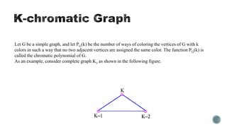 Let G be a simple graph, and let PG(k) be the number of ways of coloring the vertices of G with k
colors in such a way that no two adjacent vertices are assigned the same color. The function PG(k) is
called the chromatic polynomial of G.
As an example, consider complete graph K3 as shown in the following figure.

 