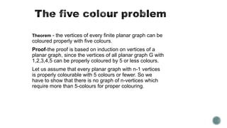 Theorem - the vertices of every finite planar graph can be
coloured properly with five colours.

Proof-the proof is based on induction on vertices of a
planar graph, since the vertices of all planar graph G with
1,2,3,4,5 can be properly coloured by 5 or less colours.
Let us assume that every planar graph with n-1 vertices
is properly colourable with 5 colours or fewer. So we
have to show that there is no graph of n-vertices which
require more than 5-colours for proper colouring.

 