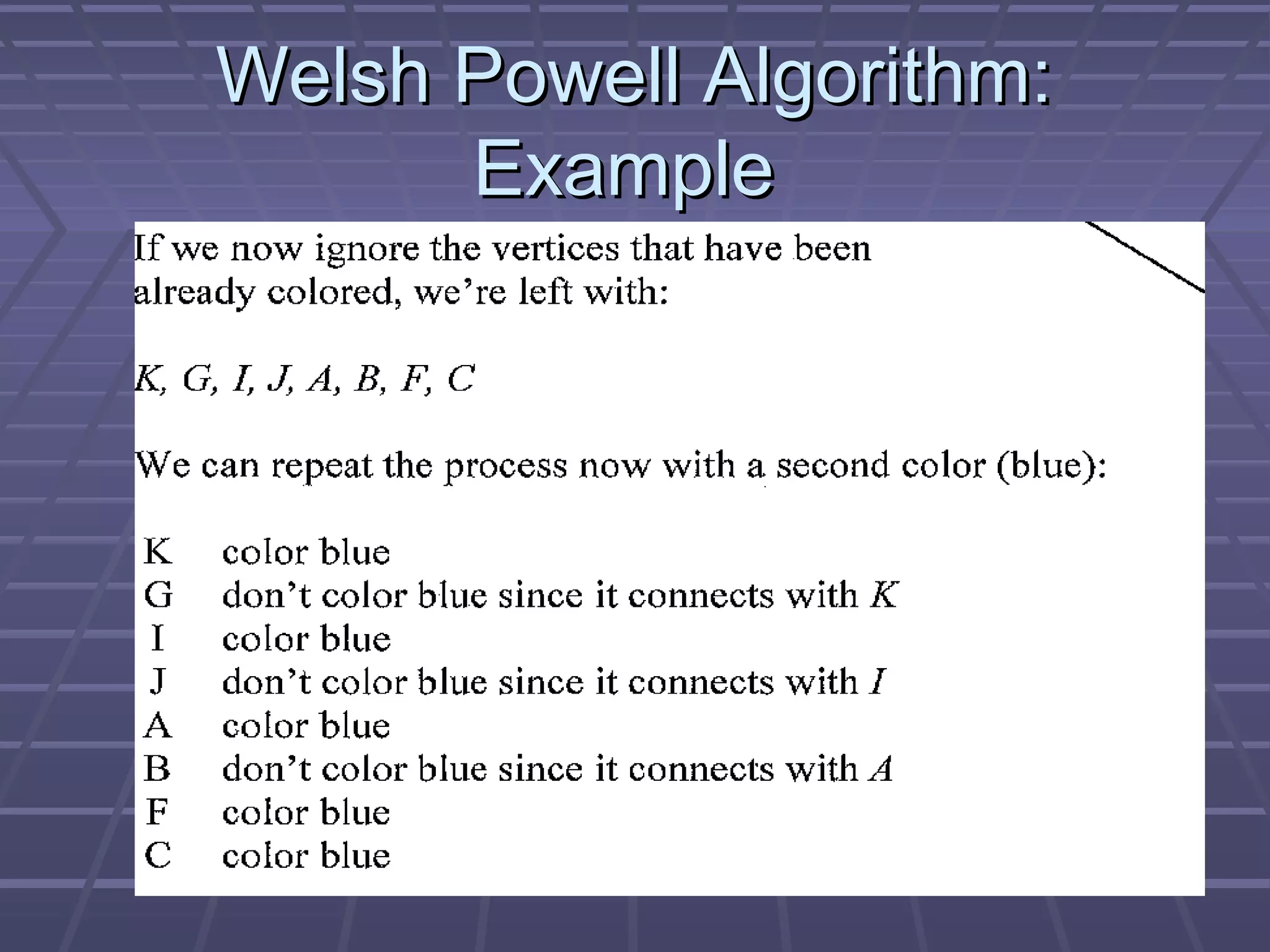 Welsh Powell Algorithm:Welsh Powell Algorithm:
ExampleExample
 