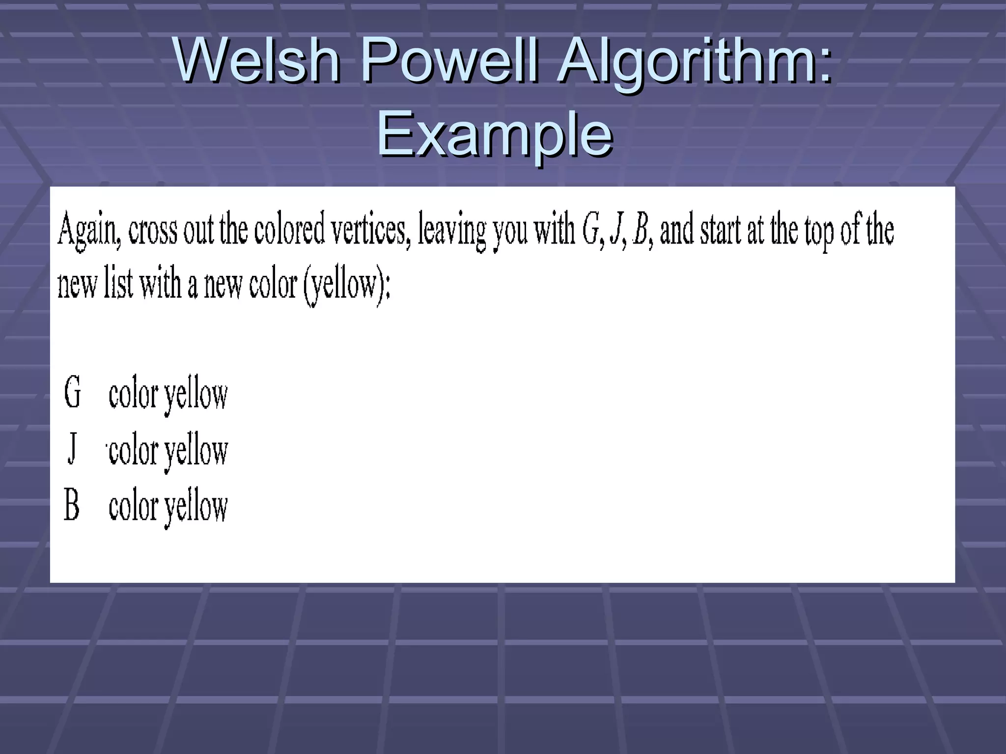 Welsh Powell Algorithm:Welsh Powell Algorithm:
ExampleExample
 