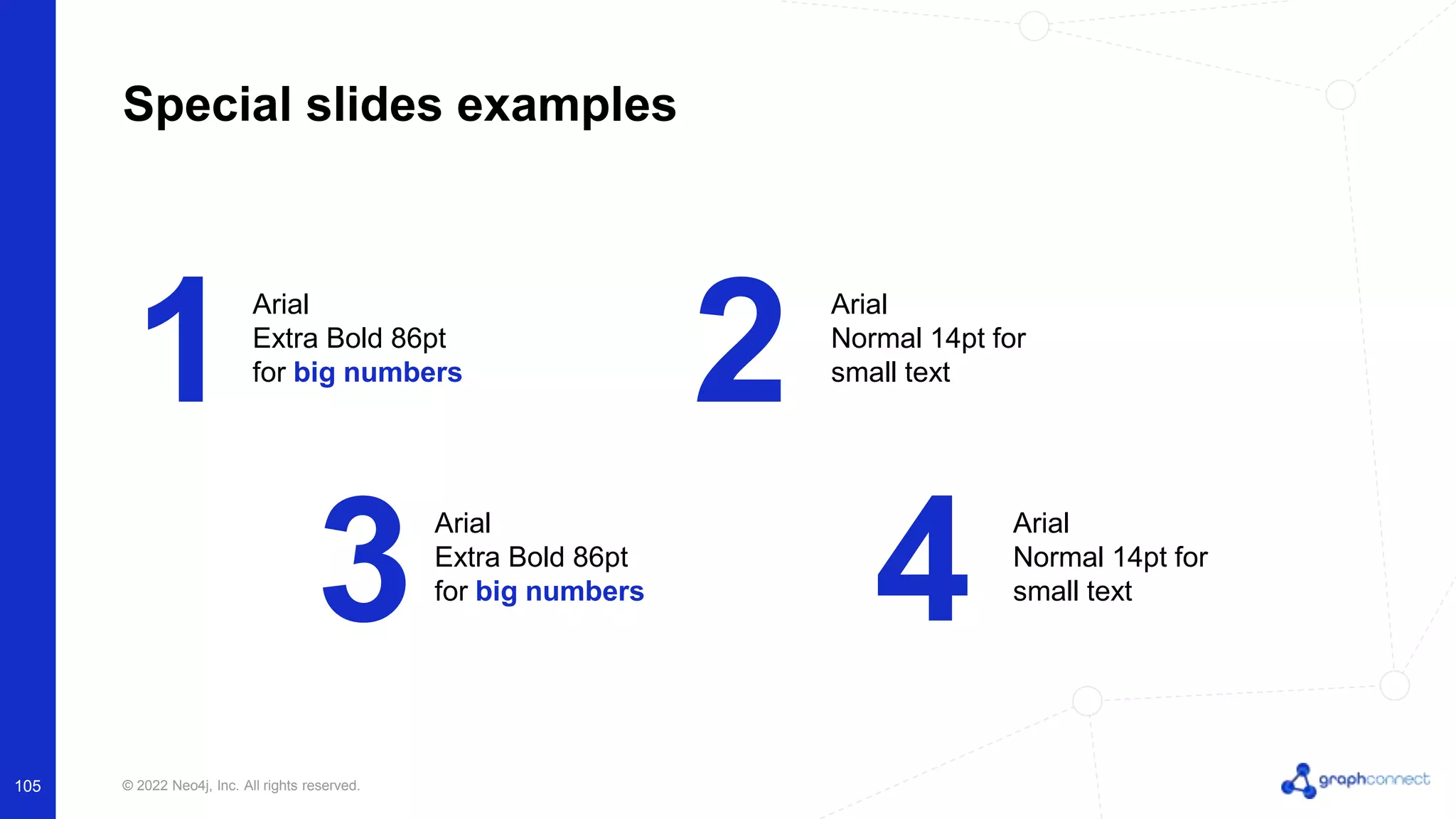 © 2022 Neo4j, Inc. All rights reserved.
105
Special slides examples
1 2
Arial
Extra Bold 86pt
for big numbers
Arial
Normal 14pt for
small text
3 4
Arial
Extra Bold 86pt
for big numbers
Arial
Normal 14pt for
small text
 