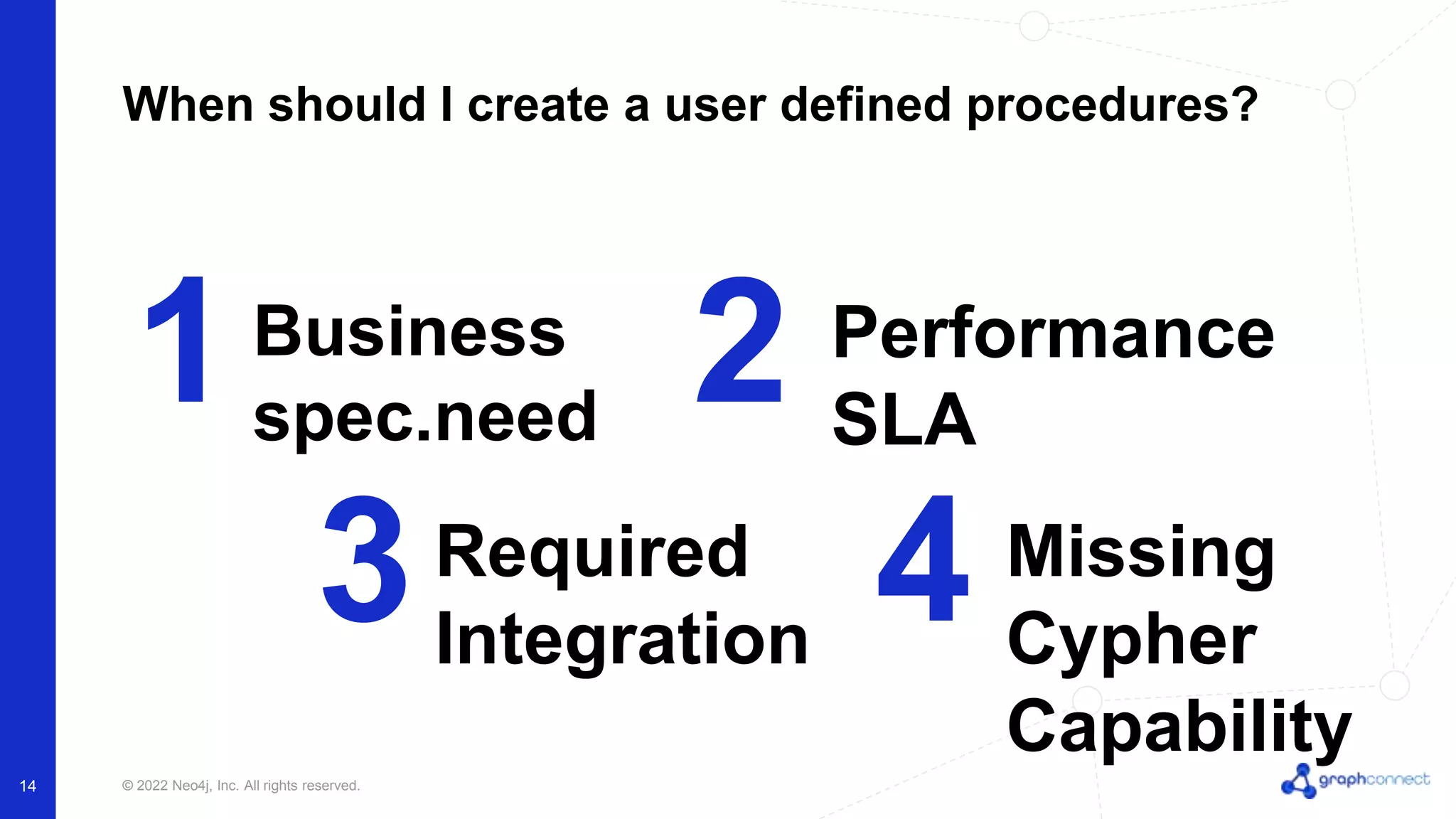 © 2022 Neo4j, Inc. All rights reserved.
14
When should I create a user defined procedures?
1 2
Business
spec.need
Performance
SLA
3 4
Required
Integration
Missing
Cypher
Capability
 