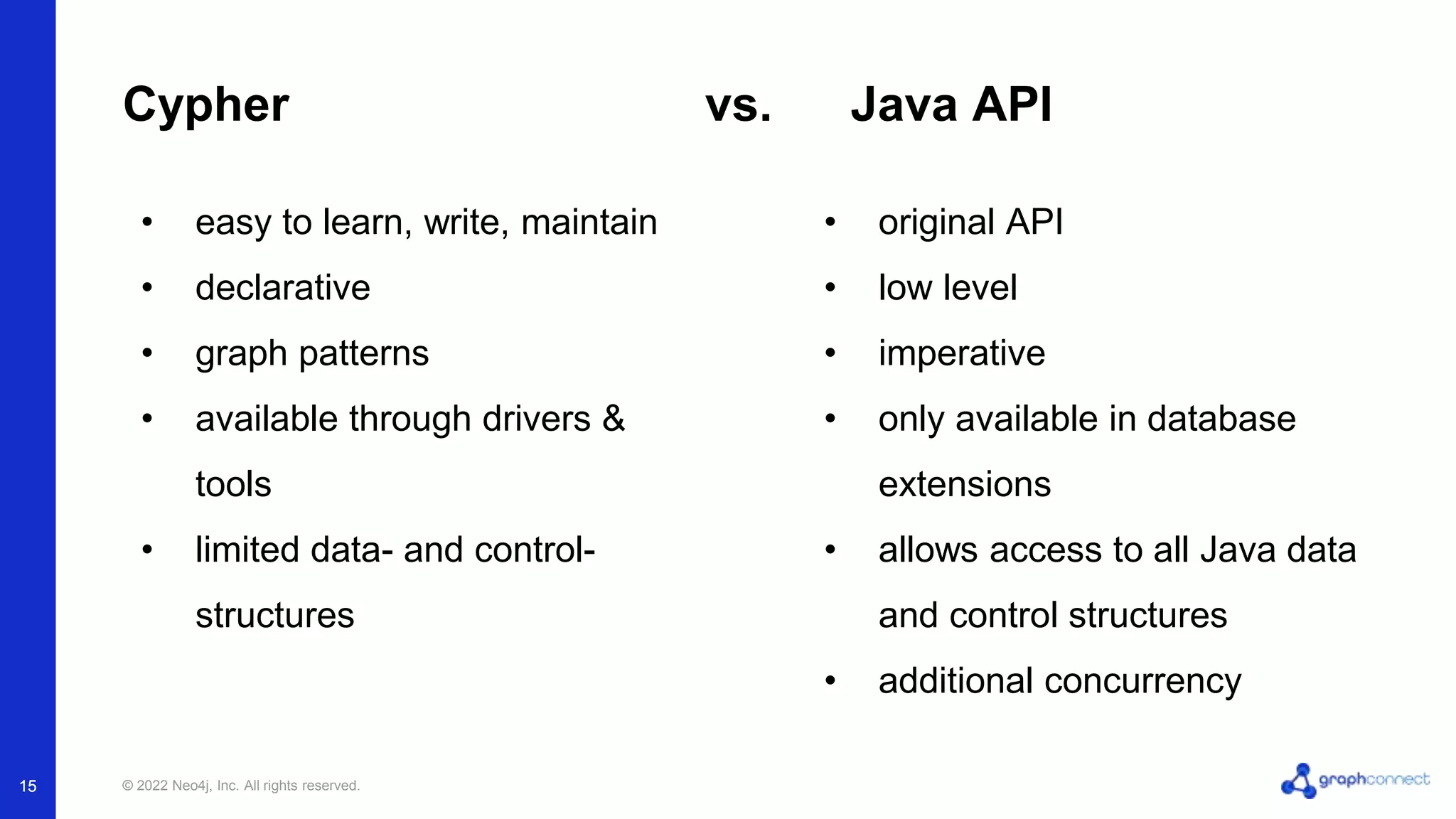 © 2022 Neo4j, Inc. All rights reserved.
15
Cypher vs. Java API
• original API
• low level
• imperative
• only available in database
extensions
• allows access to all Java data
and control structures
• additional concurrency
• easy to learn, write, maintain
• declarative
• graph patterns
• available through drivers &
tools
• limited data- and control-
structures
15
 