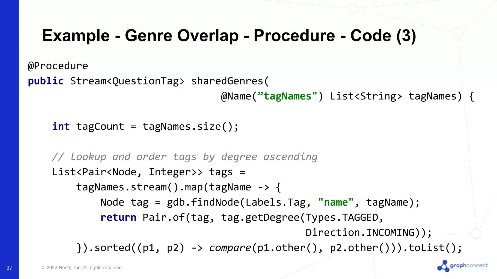 © 2022 Neo4j, Inc. All rights reserved.
Example - Genre Overlap - Procedure - Code (3)
@Procedure
public Stream<QuestionTag> sharedGenres(
@Name(”tagNames") List<String> tagNames) {
int tagCount = tagNames.size();
// lookup and order tags by degree ascending
List<Pair<Node, Integer>> tags =
tagNames.stream().map(tagName -> {
Node tag = gdb.findNode(Labels.Tag, "name", tagName);
return Pair.of(tag, tag.getDegree(Types.TAGGED,
Direction.INCOMING));
}).sorted((p1, p2) -> compare(p1.other(), p2.other())).toList();
37
 
