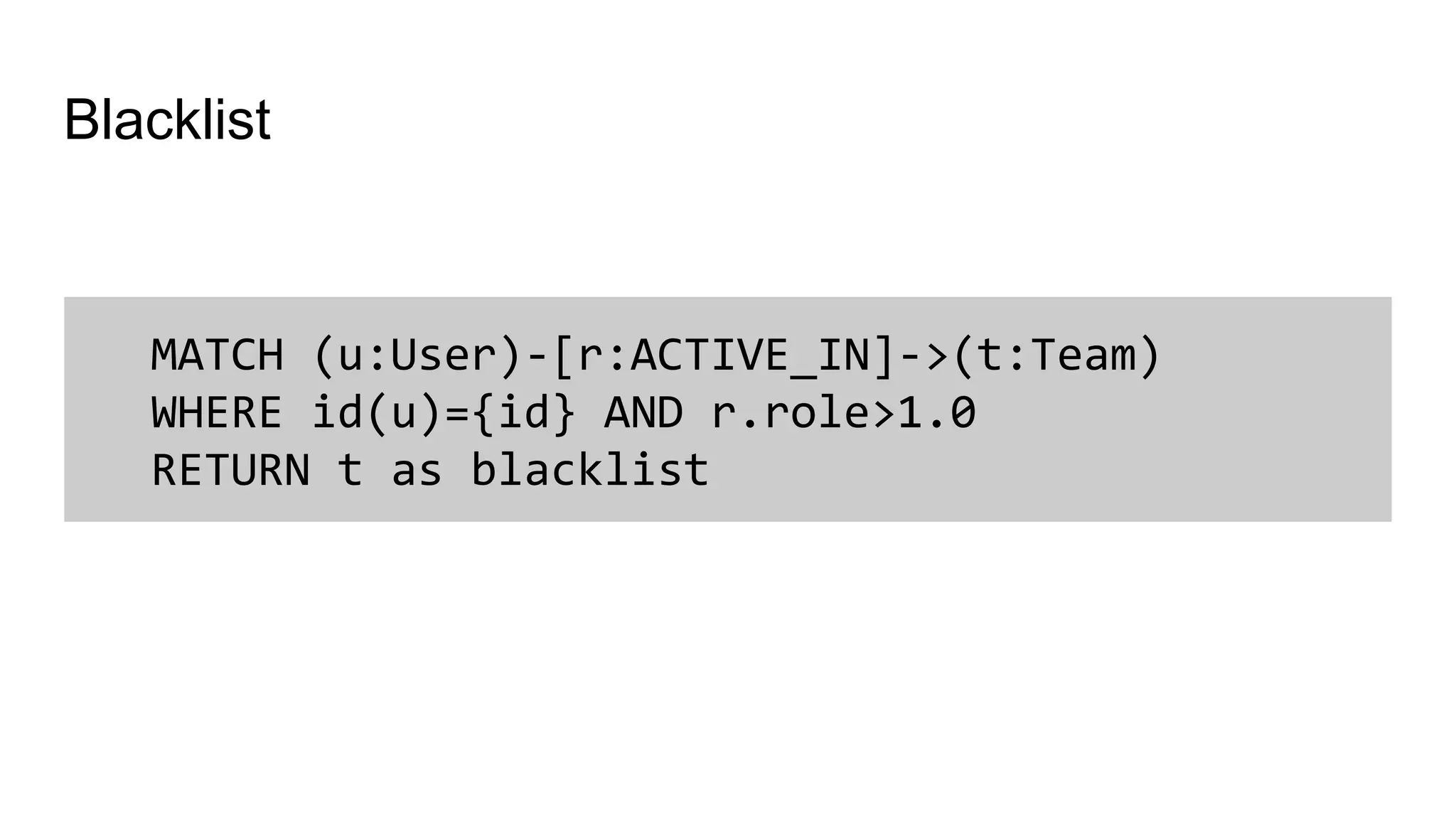 MATCH (u:User)-[r:ACTIVE_IN]->(t:Team)
WHERE id(u)={id} AND r.role>1.0
RETURN t as blacklist
Blacklist
 