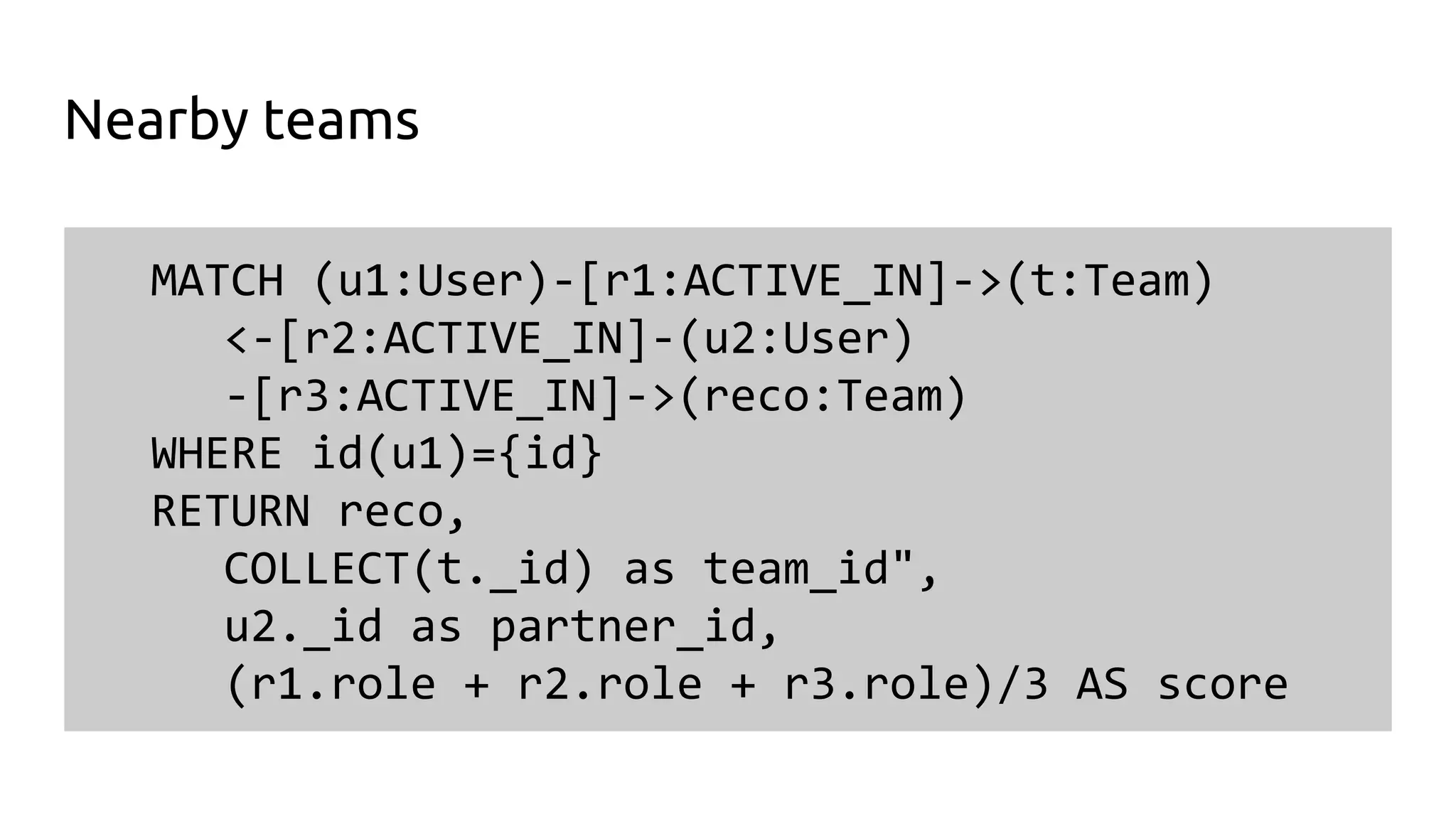 MATCH (u1:User)-[r1:ACTIVE_IN]->(t:Team)
<-[r2:ACTIVE_IN]-(u2:User)
-[r3:ACTIVE_IN]->(reco:Team)
WHERE id(u1)={id}
RETURN reco,
COLLECT(t._id) as team_id",
u2._id as partner_id,
(r1.role + r2.role + r3.role)/3 AS score
Nearby teams
 